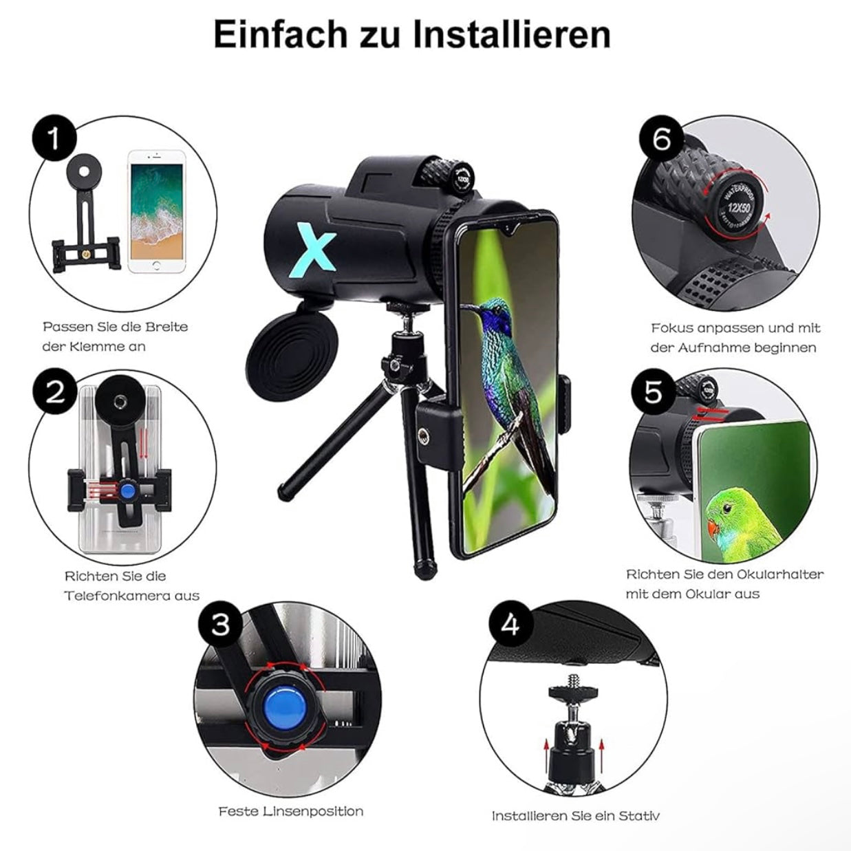 12x50 High-Power Monocular Telescope with Smartphone Tripod - Compact NO.XNX1607