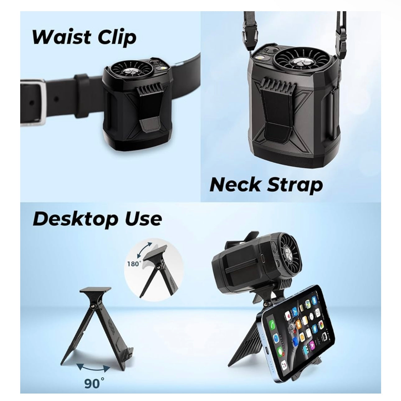 Portable Fan Rechargeable,4 Speeds Strong Airflow Small Fan Waist,Battery Powered Mini Fan Handheld,Neck Fan for Travel Camping Outdoor Jobsite,Personal Fan Wearable-Black with Bracket