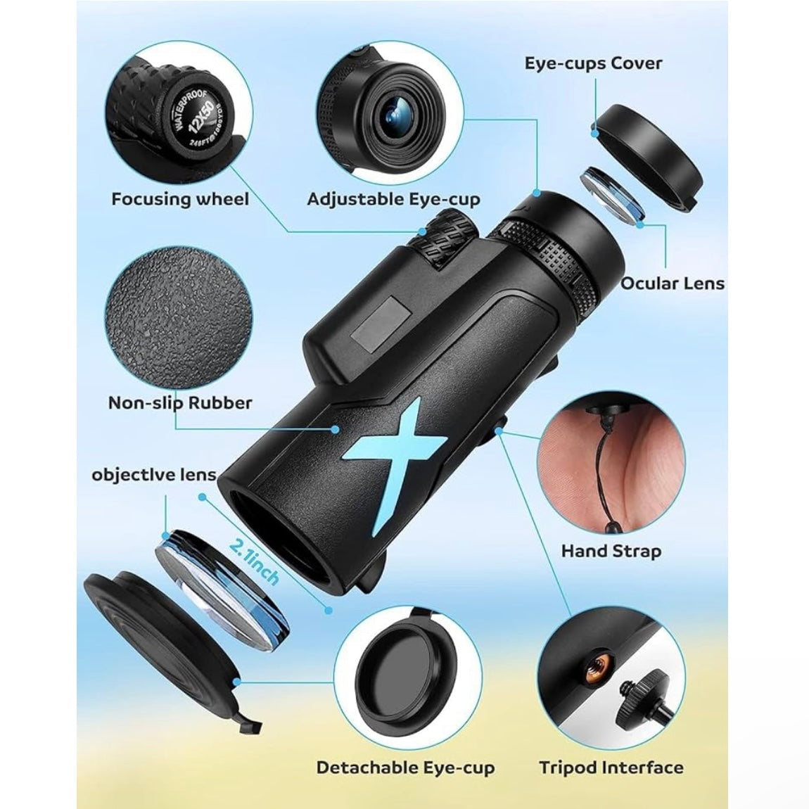12x50 High-Power Monocular Telescope with Smartphone Tripod - Compact NO.XNX1607