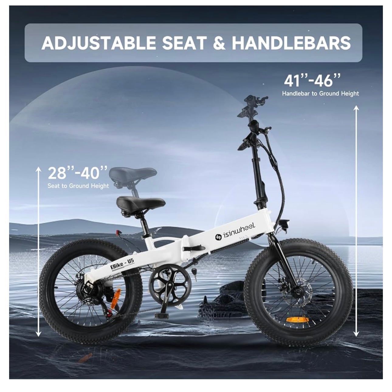 isinwheel U5 Electric Bike for Adults, 500W Peak Folding Fat Tires Ebike with 80KM Pas Range, 32KM/H Speed, 48V 7.8Ah Removable Battery, 20" Lightweigt Electric Bicycle with Shelf for Commuting