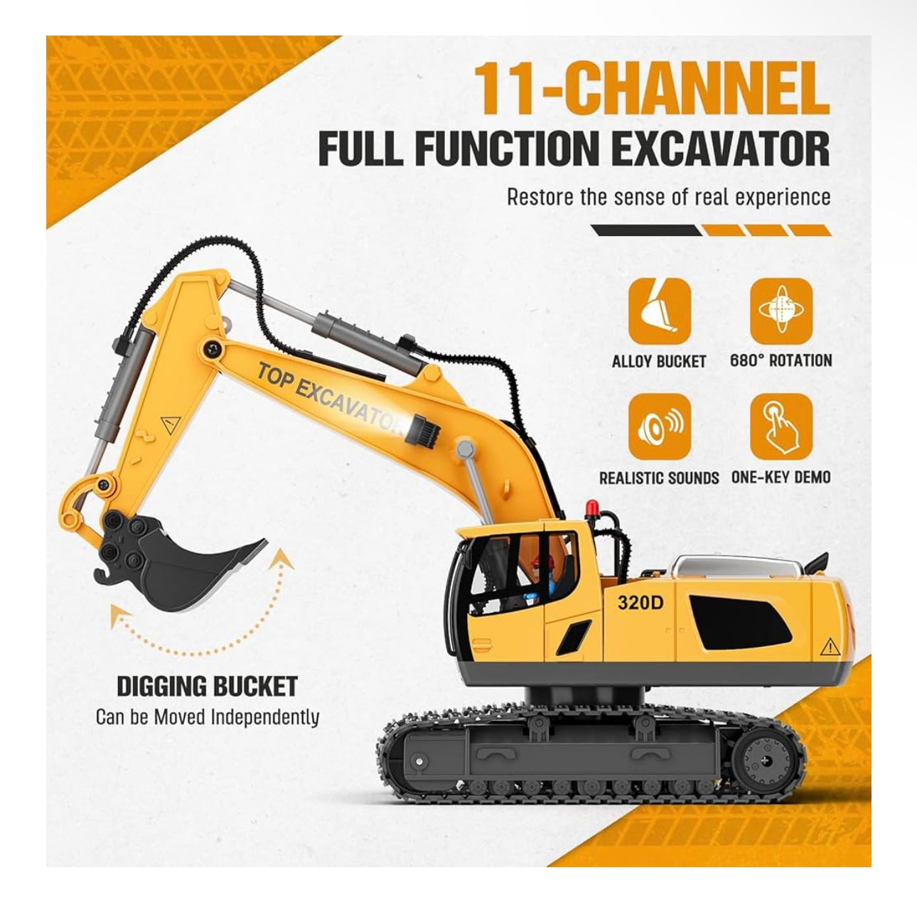 Remote Control Excavator Toys - 11CH RC Excavator with Metal Bucket, Rechargeable Construction Engineering Digger Vehicles with Lights Sound, Christmas Birthday Gift for Boys Kids Age 3+ (1:20)