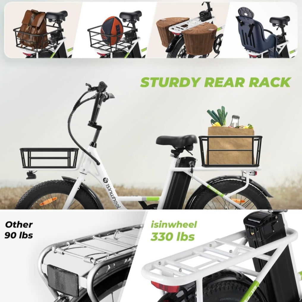 isinwheel U7 Adults Electric Cargo Bike with Basket(500W Motor/ 80KM Range/ 32KM/h Top Speed/20"×3.0 Fat Tire/48V 10.4h/UL2849 & CFR1512 Certified/USB Charing Port)