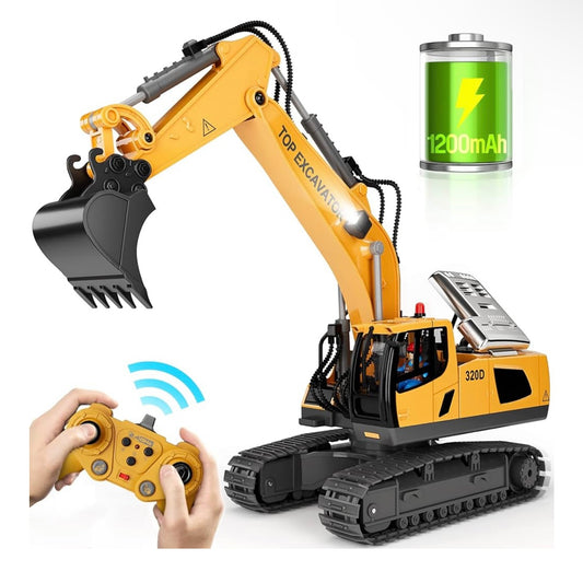 Remote Control Excavator Toys - 11CH RC Excavator with Metal Bucket, Rechargeable Construction Engineering Digger Vehicles with Lights Sound, Christmas Birthday Gift for Boys Kids Age 3+ (1:20)