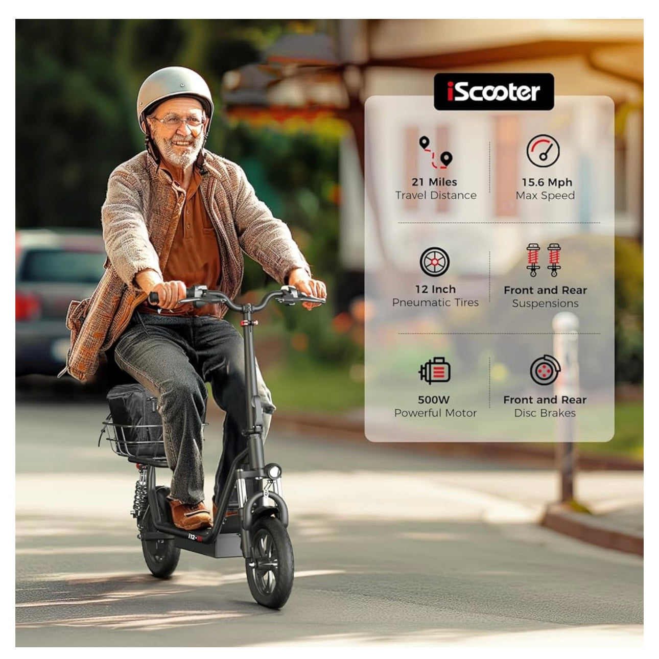 iScooter Electric Scooter with Seat, 45/35 KM Range & 45/25 KM/H, Power by 800W/500W Motor 14" / 12", Height Adjustable Seat & Handlebar, Dual Suspensions Foldable Scooter with Basket for Adults