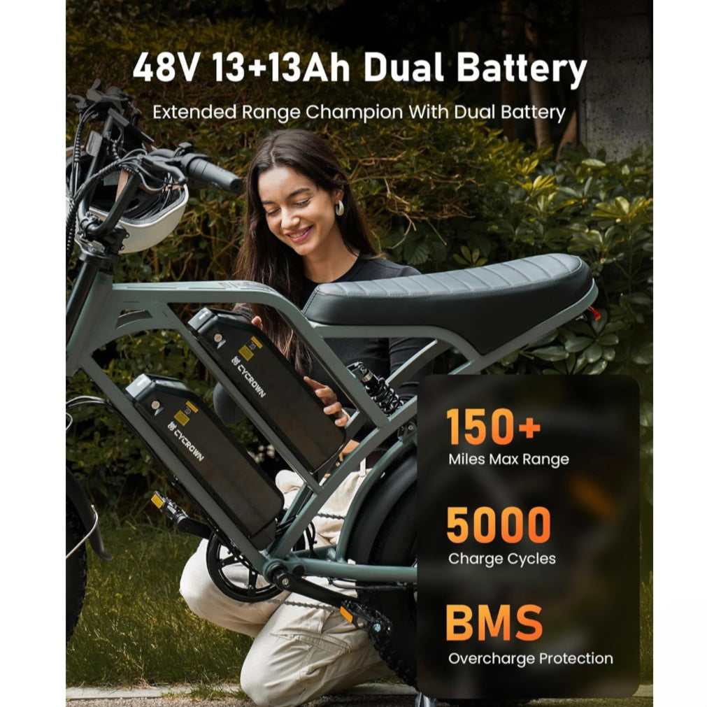 CYCROWN CycHunter Electric Bike for Adults (1000W Motor/ 190KM Range/ 45KM/H Top Speed/ 7 Speed Gearing/ Full Suspension/ Dual 48V 26Ah Batteries)