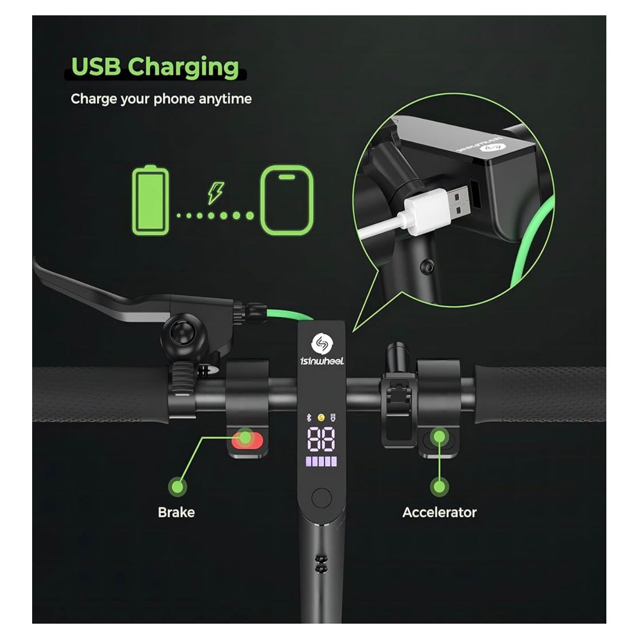 isinwheel Electric Scooter,800W Peak Motor Electric Scooter Adult, 30km/h 35km Max Range