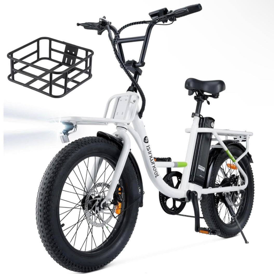 isinwheel U7 Adults Electric Cargo Bike with Basket(500W Motor/ 80KM Range/ 32KM/h Top Speed/20"×3.0 Fat Tire/48V 10.4h/UL2849 & CFR1512 Certified/USB Charing Port)