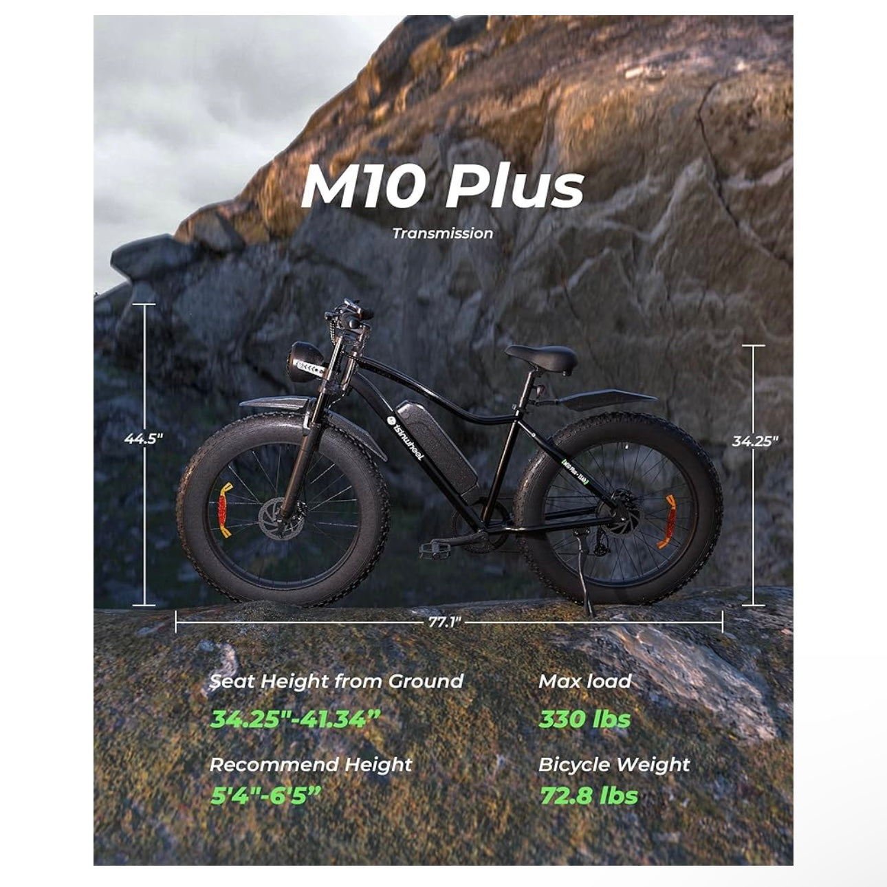 isinwheel M10Plus Electric Bike for Adults, 1000W Peak Motor, 120KM Pas Range & 45KM/H Speed, 26"*4.0 Fat Tire, Commuting Electric Mountain Bicycle with 48V 13Ah Removable Battery & Front Suspension