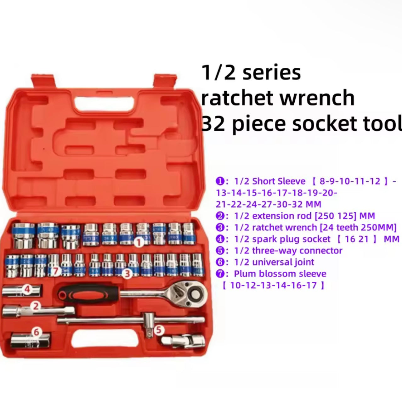 Hand Tools 32pcs Mechanics Tool Set 1/2 Drive Deep and Standard Sockets Ratchet Wrench Set Practical NO.HJD424