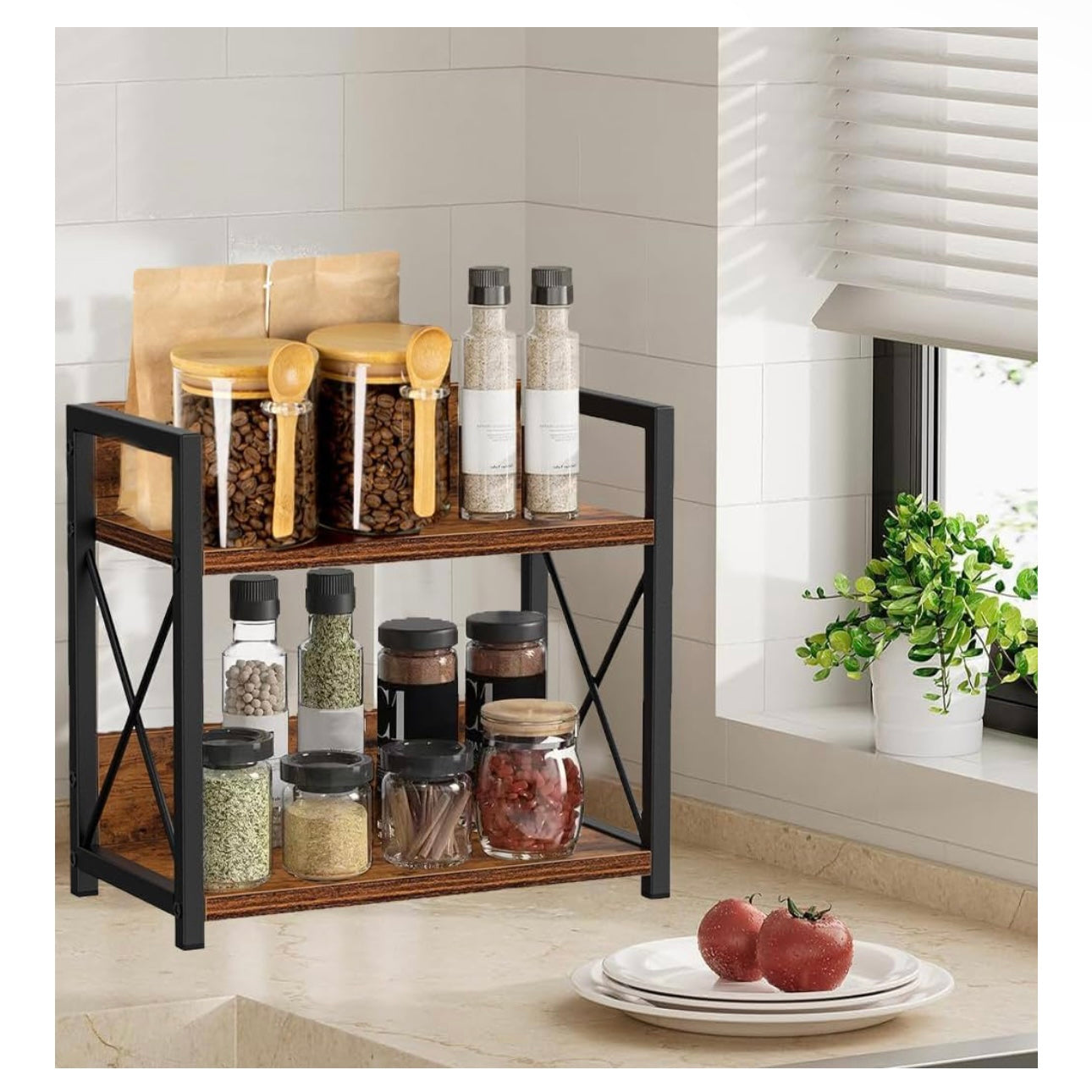 2 Tier Shelf Kitchen Counter Organizer Brown